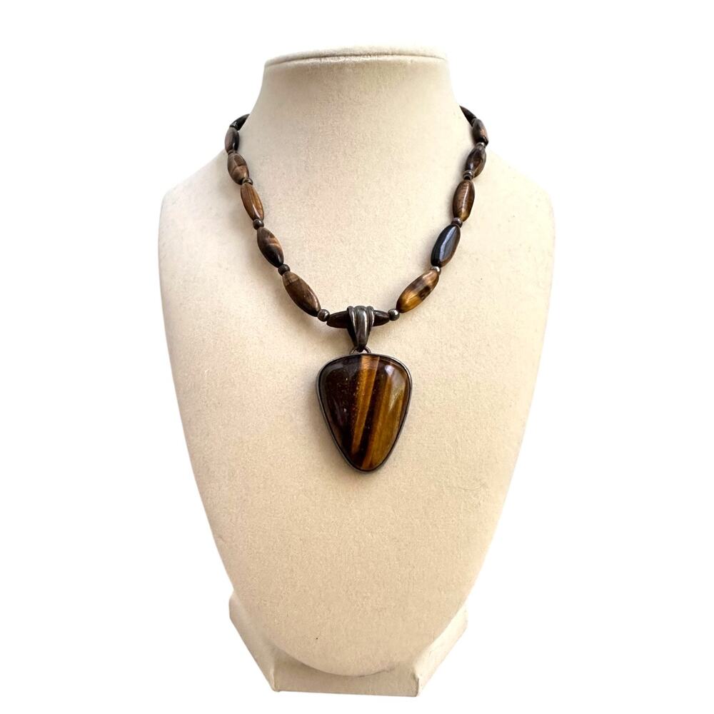 Vintage Sterling Silver 925 Tiger’s Eye Pendant Necklace Beaded Toggle Clasp 16”